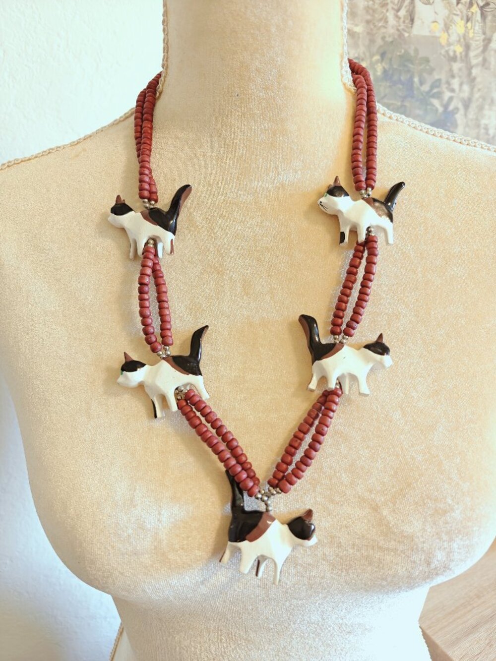 Vintage Hand Painted Wood Cat Red Beaded Statement Necklace Folk Art